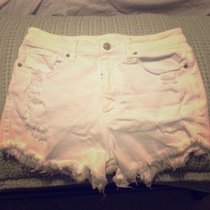 High rise white denim shorts